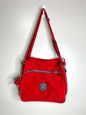 Kipling Messenger Bag Red Expandable With Carlos Monkey Keychain Bag Charm